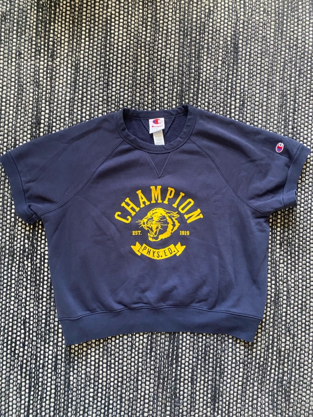 Champion Navy Crewneck Cropped Sweatshirt with Yellow Logo